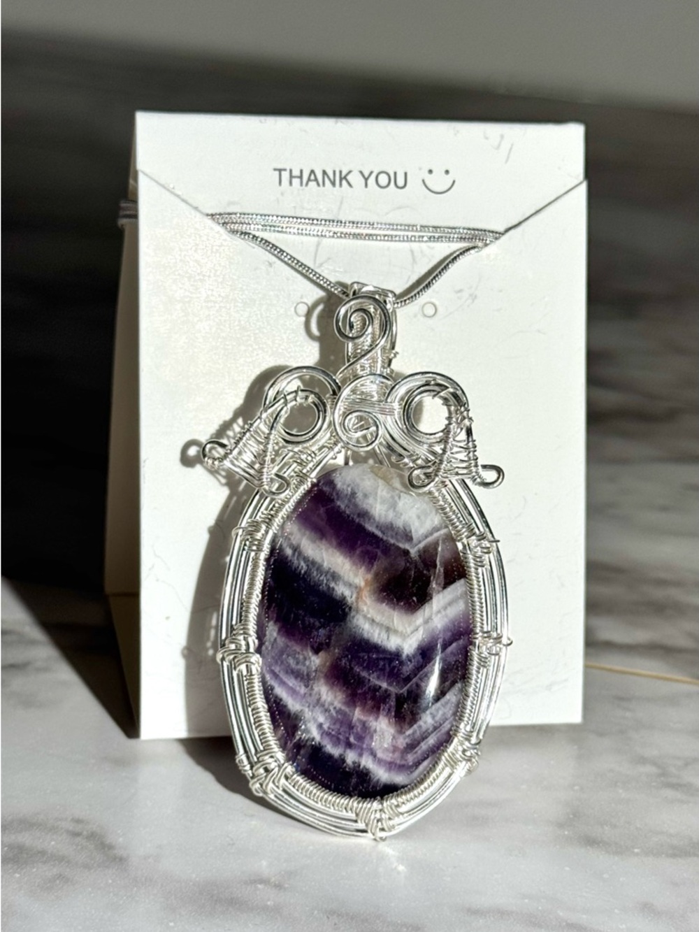 Silver Hand Made Wire Wrapped Chevron Amethyst Crystal Pendant Necklace